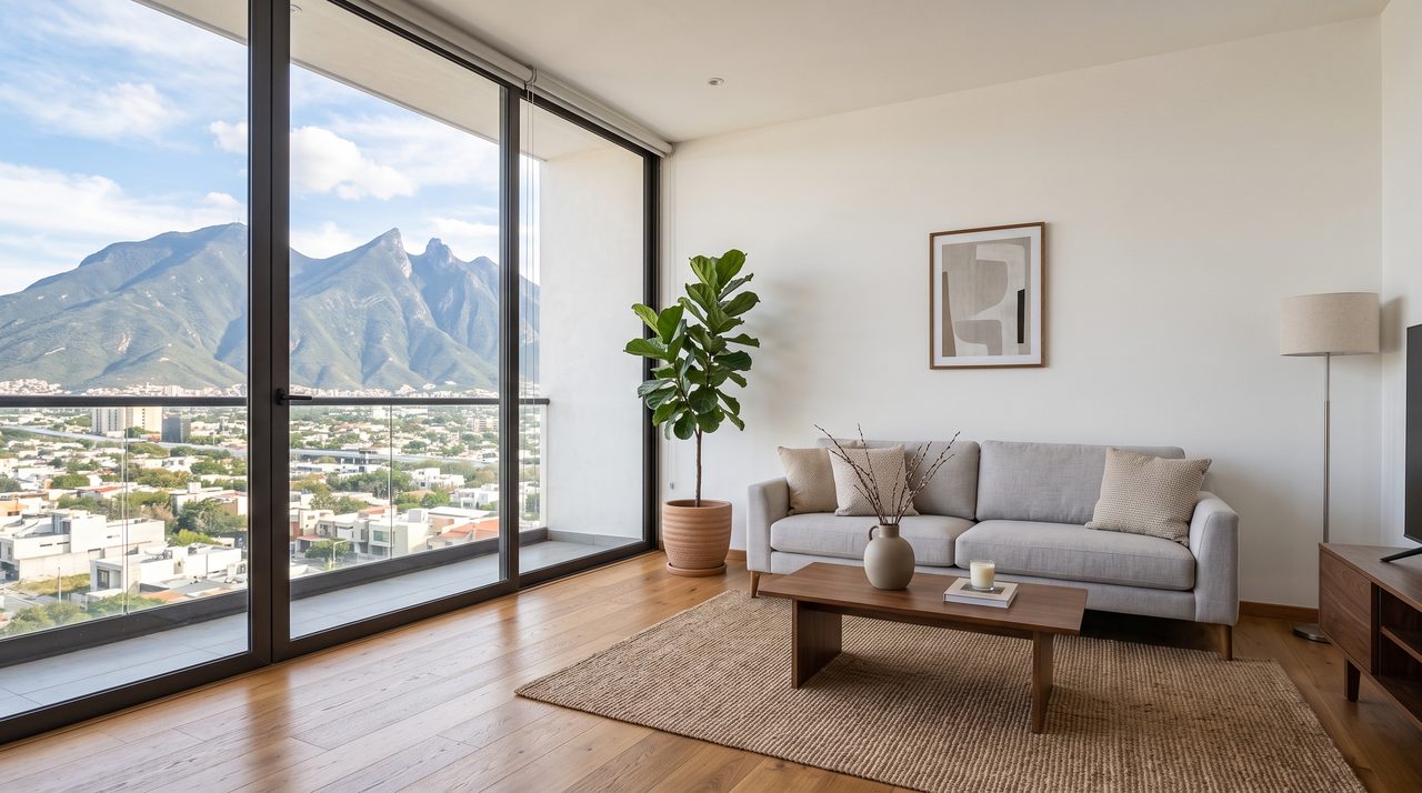 Foto fija de la sala de un departamento en Monterrey